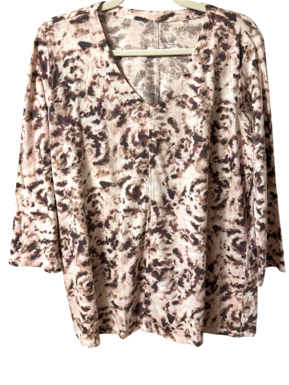 J Jill Pure Jill Printed V Neck Tee Womens Large Buff Pink Eclectic Spiral Print